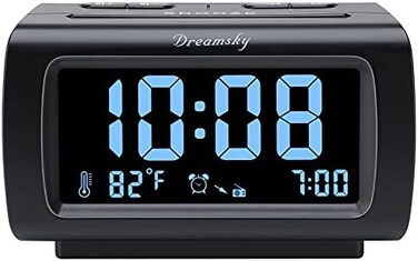 DreamSky Decent Alarm Clock Radio with FM Radio, USB Port for Charging, 1.2 Inch Blue Digit Display with Dimmer, Temperature Display, Snooze, Adjustable Alarm Volume, Sleep Timer.