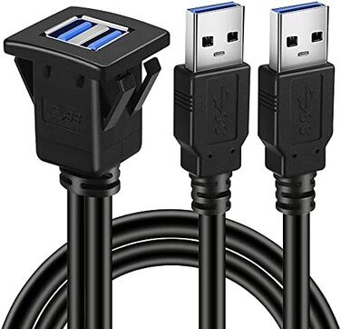 كابل تمديد BATIGE ثنائي المنافذ مربع الشكل USB 3.0 مثبت على لوحة القيادة مع مشبك للسيارة والشاحنة والقارب والدراجة النارية - 3 أقدام