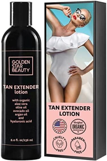 GOLDEN STAR BEAUTY Tan Extender Daily Moisturizer - Best After Tanning Lotion w/Organic Oils and Hyaluronic Acid to Extend Your Tan from Sunless Tanner, Spray Tan, Sun or Tanning Bed 8.0 fl.oz.- Free