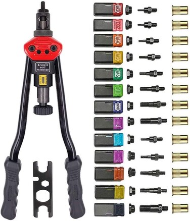أداة ZIOJOVK zision 16 بوصة، أداة يدوية لتركيب صواميل البرشام، طقم تركيب صواميل برشام احترافي مع 13 مغزلًا (M3، M4، M5، M6، M8، M10، M12، SAE 8-32، 10-24، 1/4-20، 5/16-18، 3/8-16، 1/2-13) و125 قطعة من