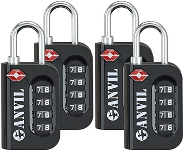 ANVIL TSA Approved Luggage Lock - 4 Digit Combination padlocks with a Hardened Steel Shackle - Travel Locks for SuitcasesBaggage
