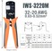 أداة تجعيد دبابيس الموصلات الدقيقة IWISS IWS-3220M، بمقاس 0.03-0.52 مم²، وقياس 32-20AWG، مزودة بآلية تجعيد مسننة، متوافقة مع موصلات D-Sub وOpen Barrel، وMolex، وJST، وJAE، وTYCO-E.