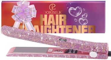 DORISILK Professional Hair Straightener, Titanium Flat Iron Rhinestone Straightening Iron, Salon High Heat 470 Degrees, Dual Voltage, Rose Pink