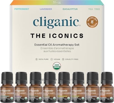 Cliganic Organic Aromatherapy Essential Oils Gift Set (Top 8, 100% Pure - Peppermint, Lavender, Eucalyptus, Tea Tree, Lemongrass, Rosemary, FrankincenseOrange