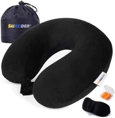 SAIREIDER Travel Neck Pillow Airplane Sleeping Adjustable U-Shape 100% Pure Memory Foam Neck Cusion with Portable Bag, Sleep Mask and Earplugs Y-Black