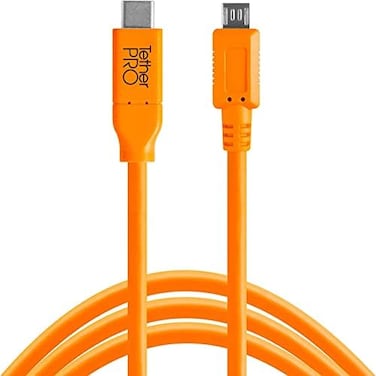 كابل TetherTools TetherPro USB-C إلى Micro-B 2.0 ذو 5 دبابيس لنقل البيانات بسرعة وتوصيل سريع بين الكاميرا والكمبيوتر، لون برتقالي عالي الوضوح، طوله 15 قدمًا (4.6 متر).