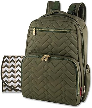 FISHER-PRICE BABY Baby Essentials Fisher-Price Signature Morgan Quilted Backpack Diaper Bag with Changing Pad, Stroller Clips, Laptop Compartment (Olive