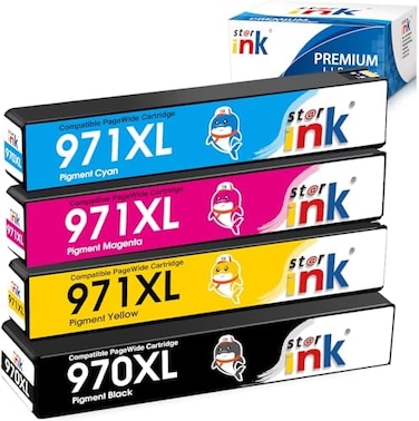 حبر ستار 971XL و970XL عالي الإنتاجية بديل لخراطيش HP 971 و970، يُستخدم مع طابعات HP OfficeJet Pro X476dw وX576dw وX451dw وX551dw وX451dn وX476dn (عبوة من 4 خراطيش)