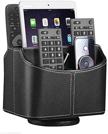 YAPISHI Leather Remote Control Holder, 360 Degree Spinning Desk TV Remote Caddy/Box,Bedside Table Organizer for Controller, Media, Mail, Calculator, Mobile Phone and Pen Storage