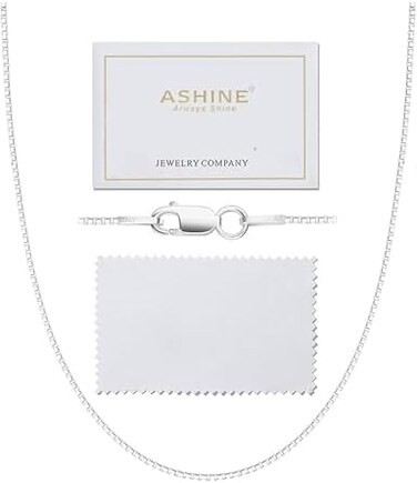 ASHINE 925 Sterling Silver 1mm0.8 Italian Box Chain Necklace 16" - 30" with Silver Polishing Cloth