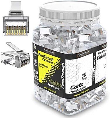 Platinum Connector Cat6 passthrough rj45 100 PCS Jar, Gold Plated 3 Micron 3u for HIGH Speed Data Transmission (CAT6/100 PCS