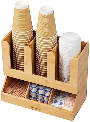 Mind Reader 6 Compartment Bamboo Upright Coffee Breakroom Condiment And Cup Storage Organizer, Brown