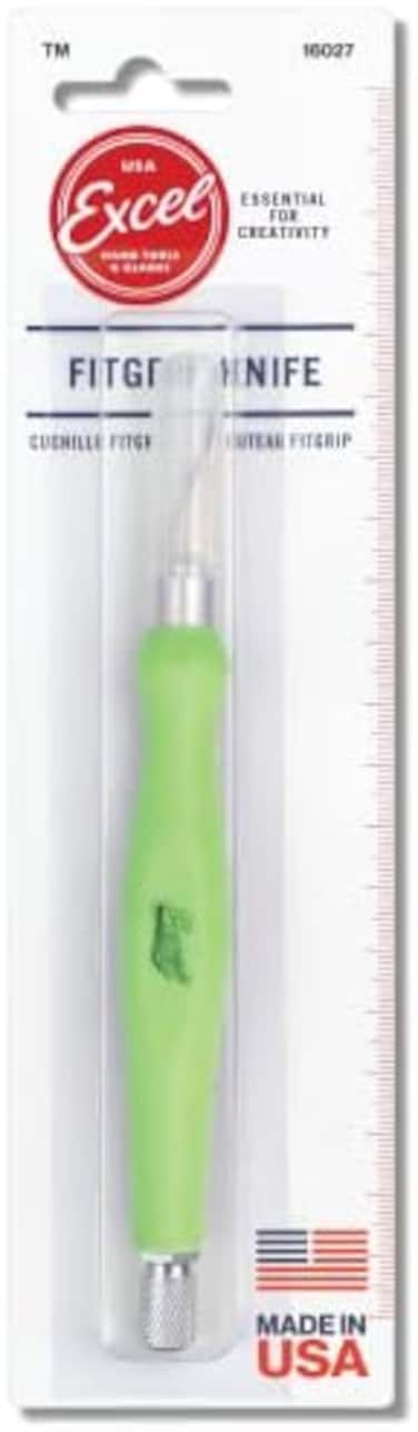 سكين Excel Blades Fit Grip من Excel Blade - سكين حاد للغاية بشفرة فولاذية كربونية ذات حافة مائلة ومقبض مطاطي مريح - أداة قطع خفيفة الوزن للقطع والتشذيب الدقيق - أخضر