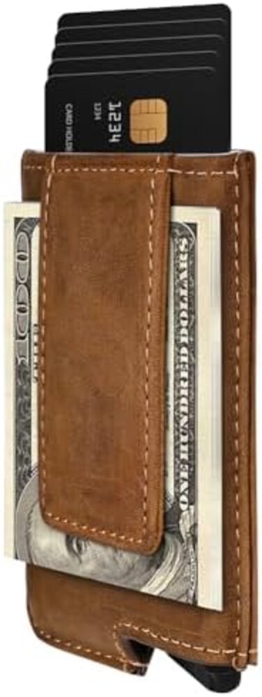 Dinghao RFID Blocking Slim Money Clip Aluminum Wallet Automatic Pop-up Card Case (Texas Brown