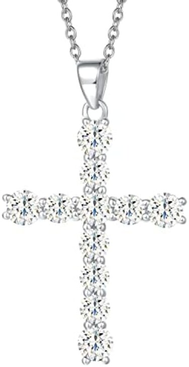 Carleen Sterling Silver Prong Setting Cubic Zirconia Cross Pendant Necklace for Women Girls with 18 Inch Sterling Silver Chain
