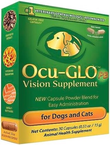 Ocu-GLO PB Vision Supplement for Small DogsCats &ndash; Easy to Administer Powder Blend with Lutein, Omega-3 Fatty Acids, GSeed Extract and Antioxidants to Promote Eye Health, 30ct Sprinkle Capsules