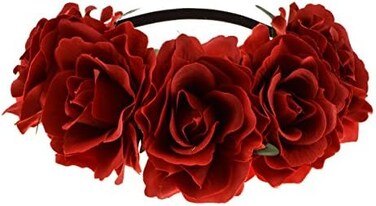 June Bloomy Rose Floral Crown Garland Flower Headband Headpiece for Wedding Festival (Dark Red