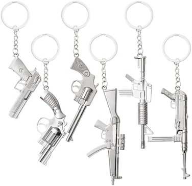 Juvale 6 Pack Mini Gun Keychains for Men: Silver Metal Pistol Key Ring Pendants (6 Assorted Designs and Sizes