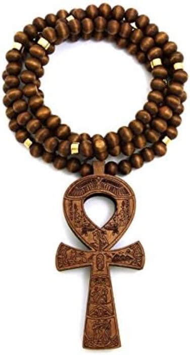 Fashion 21 Egypt Key of Life Ankh Pendant 8mm 36" Wooden Bead Necklace in Black, Brown Tone