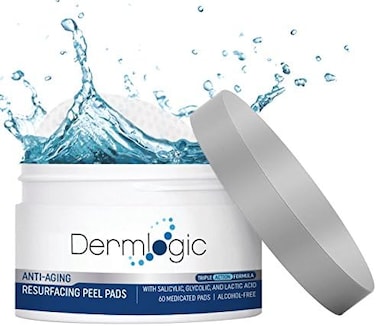 Dermlogic Anti Aging Resurfacing Peel Pads - Contains Salicylic, Glycolic, Lactic Acid for FaceBody Including Hyaluronic Acid, Witch Hazel, Green TeaAloe Vera. Exfoliates to Correct Dark SpotsScars.