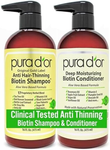 Pura D'or Anti-Thinning Biotin Shampoo and Conditioner, CLINICALLY TESTED Proven Results, DHT Blocker Thickening Products For WomenMen, Color Treated Hair, Original Gold Label Hair Care Set 16oz x2
