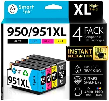 خرطوشة حبر بديلة متوافقة مع تقنية Smart Ink لطابعات HP 950XL و951XL و950 XL و951 XL، عبوة من 4 خراطيش للاستخدام مع طابعات Officejet Pro 8600 و8610 و8620 و8100 و8625 و8630 (خرطوشة حبر أسود، خرطوشة حبر