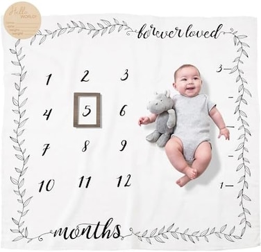 Pondering Pine Organic Baby Monthly Milestone Blanket Boy or Girl - Forever Loved Baby Month BlanketFrame - Personalized Baby Milestone Blanket with Growth Chart, Newborn to 12 Months Blanket