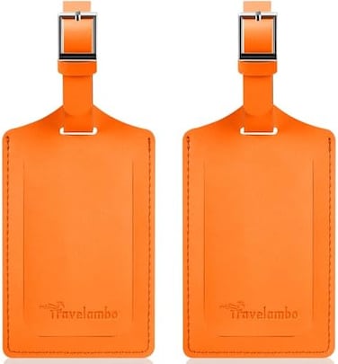 Travelambo Luggage Tags for Suitcases Faux Leather Privacy Protection 2 Pack Bag Tags Travel Accessories Essential, Hot Orange