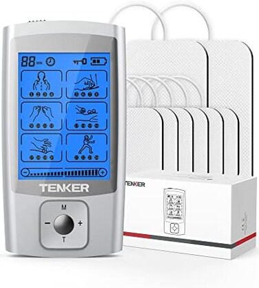 TENKER TENS EMS Unit Muscle Stimulator, 24 Modes TENS Machine for Pain ReliefMuscle Strength Rechargeable Electronic Pulse Massager with 2"x2" and 2"x4" TENS Unit Electrode Pads Sliver
