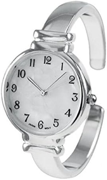 Rosemarie Collections Women's Mother of Pearl Metal Hinged Cuff Bracelet Watch Silver