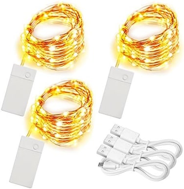 Soltuus 3 Pack Rechargeable 10ft 30 LED String Fairy Lights, 4 Modes Copper Wire Starry String Lighting, Waterproof Micro Firefly Moon Light, Warm White, Battery and USB Cable Included
