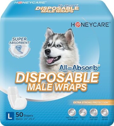 HONEY CARE All-Absorb A24 Male Dog Wrap, 50 Count, Large,Blue and White