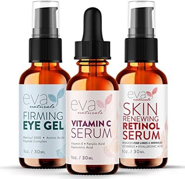 Eva Naturals Facelift in a Bottle - 3-in-1 Anti-Ageing Set with Retinol Serum, Vitamin C Serum and Eye Gel - Formulated to Reduce Wrinkles, Fade Dark Spots and Treat Under-Eye Bags - Premium Quality