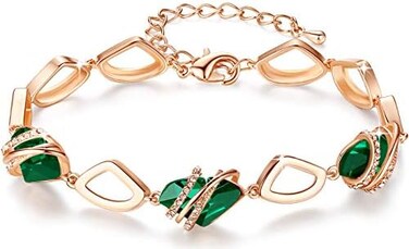 Leafael Wishstone Crystal Link Charm Bracelet, Birthstone Bracelets with Healing Stones, Allergy-Free Jewelry for Women with Gift Box, Silver-Tone or Rose Gold Plated Bracelets For Women