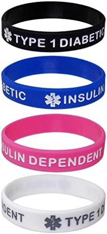 Max Petals "TYPE 1 DIABETIC INSULIN DEPENDENT" Small Size (7 InchesSilicone Wristbands - Black, White, Blue and Pink (4 Pack, Rubber