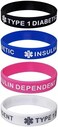 Max Petals "TYPE 1 DIABETIC INSULIN DEPENDENT" Small Size (7 InchesSilicone Wristbands - Black, White, Blue and Pink (4 Pack, Rubber