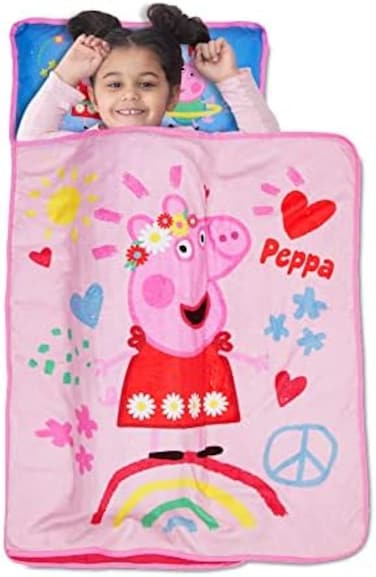 Peppa Pig I'm Just So Happy Toddler Nap-Mat - Includes Pillow and Fleece Blanket &ndash; Great for Girls or Boys Napping during Daycare or Preschool - Fits Toddlers