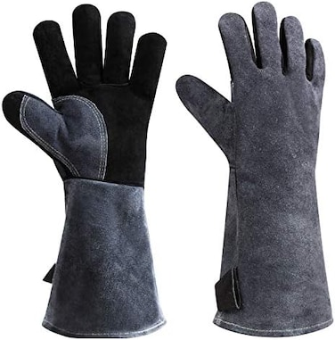 OZERO Welding BBQ Gloves, 932&Atilde;?&deg;F Heat Resistant Leather Grill Glove for Tig Welder/Grilling/Barbecue/Oven/Fireplace/Wood Stove - Long Sleeve and Insulated Cotton Lining - Black-gray(16-inch
