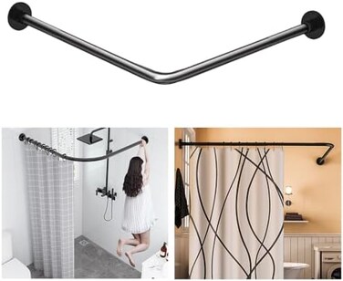 SIKAIQI Stretchable 304 Stainless L Shaped Bathroom Bathtub Corner Shower Curtain Rod Rack (Black :60-133 x 60-133 cm