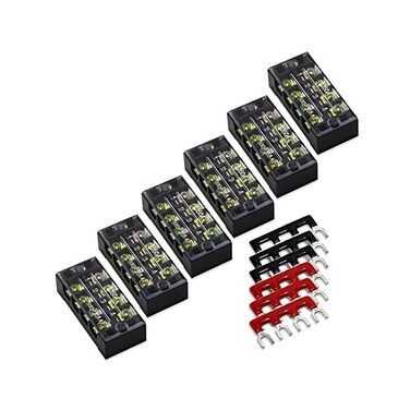 MILAPEAK Terminal Blocks - 12pcs (6 Sets4 Positions Dual Row 600V 25A Screw Terminal Strip Blocks with Cover, Pre-Insulated 400V 25A 4 Positions Barrier Strip BlackRed
