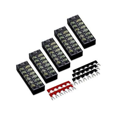 MILAPEAK 10pcs(5 Sets6 Positions Dual Row 600V 25A Screw Terminal Strip Blocks with Cover400V 25A 6 Positions Pre-Insulated Terminal Barrier Strip (Black/Red