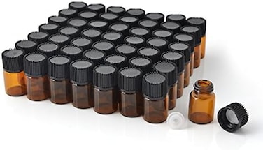 Enslz (2ml- Mini Essential Oil Bottles Empty Sample bottle 1ml(1/4 dram2ml (5/8 dramAmber Glass Bottle with Orifice Reducer and cap, With 2 Free Transfer Eye droppers(50 Pcs(2ml