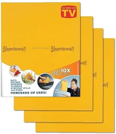 ShamWow The Original - Super Absorbent Multi-Purpose Cleaning Shammy Chamois Towel Cloth - Holds 10X its Weight in Liquid - Machine Washable - Will Not Scratch (4 Pack, Large Orange