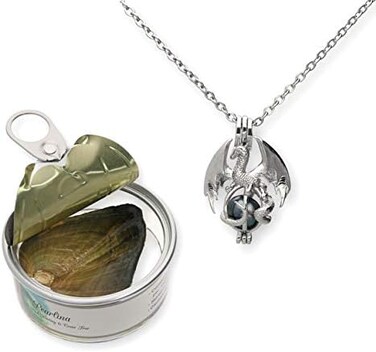 Pearlina Dragon Cultured Pearl in Oyster Necklace Set Silver Tone Cage w/Stainless Steel Chain 18
