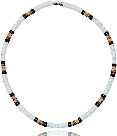 قلادة شاطئ صيفية من Native Treasure للرجال والنساء، مصنوعة من الفلبين، مصنوعة من أصداف أرك بيضاء مع خرز جوز الهند الأسود والبني المختلط، قلادة شاطئ رجالية، 14 بوصة، أصداف أرك، خرز جوز الهند
