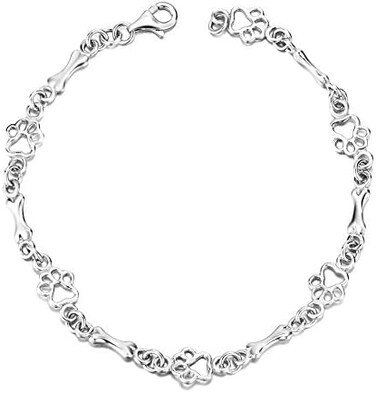 LUHE Paw Print Bracelet Sterling Silver Cute Dog Bone Paw Bracelets for Women Girls, 7.5
