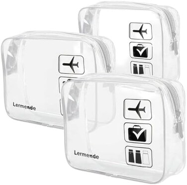 Lermende (Clear- 3pcs TSA Approved Toiletry Bag with Zipper Travel Luggage Pouch Carry On Clear Airport Airline Compliant Bag Travel Cosmetic Makeup Bags (Clear