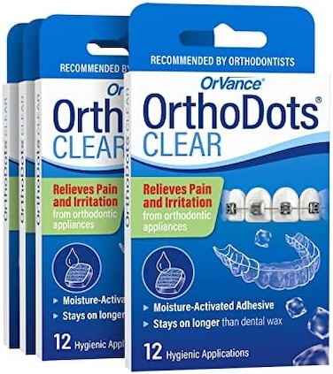 ORVANCE OrthoDots CLEAR (48 Count- Moisture Activated, Silicone Dental Wax Alternative for Pain Caused by Braces. OrthoDots Stick BetterStay on Longer than Orthodontic Wax (48 Count Clear