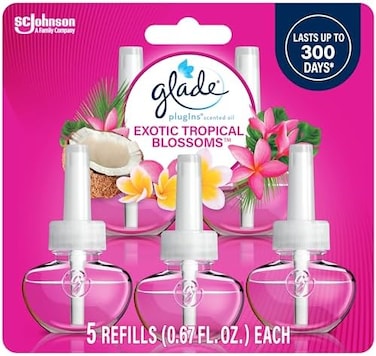 Glade PlugIns Refills Air Freshener, Scented and Essential Oils for Home and Bathroom, Exotic Tropical Blossoms, 3.35 Fl Oz, 5 Count
