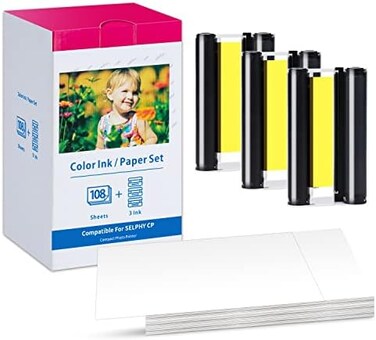 Freshworld KP-108IN CP1300 Ink and Paper Compatible for Canon Selphy CP1300 CP1500 CP1200 CP1000 CP910 CP900 CP810 CP760 CP770 CP780, KP108 3 Color Ink Cartridges and 108 Sheets Glossy 4x6 Photo Paper